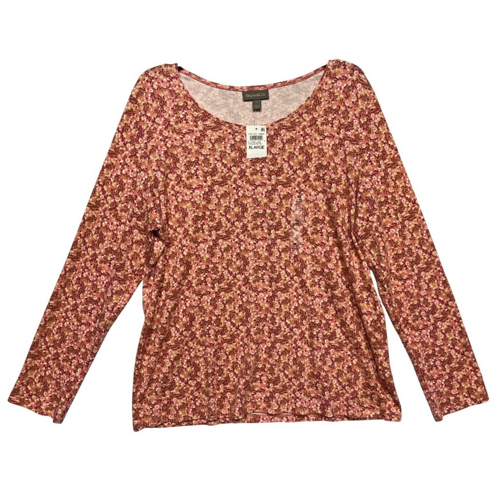 Style & Co Peached Pink Floral Long Sleeve Tee XL 60% Cotton 40% Polyester